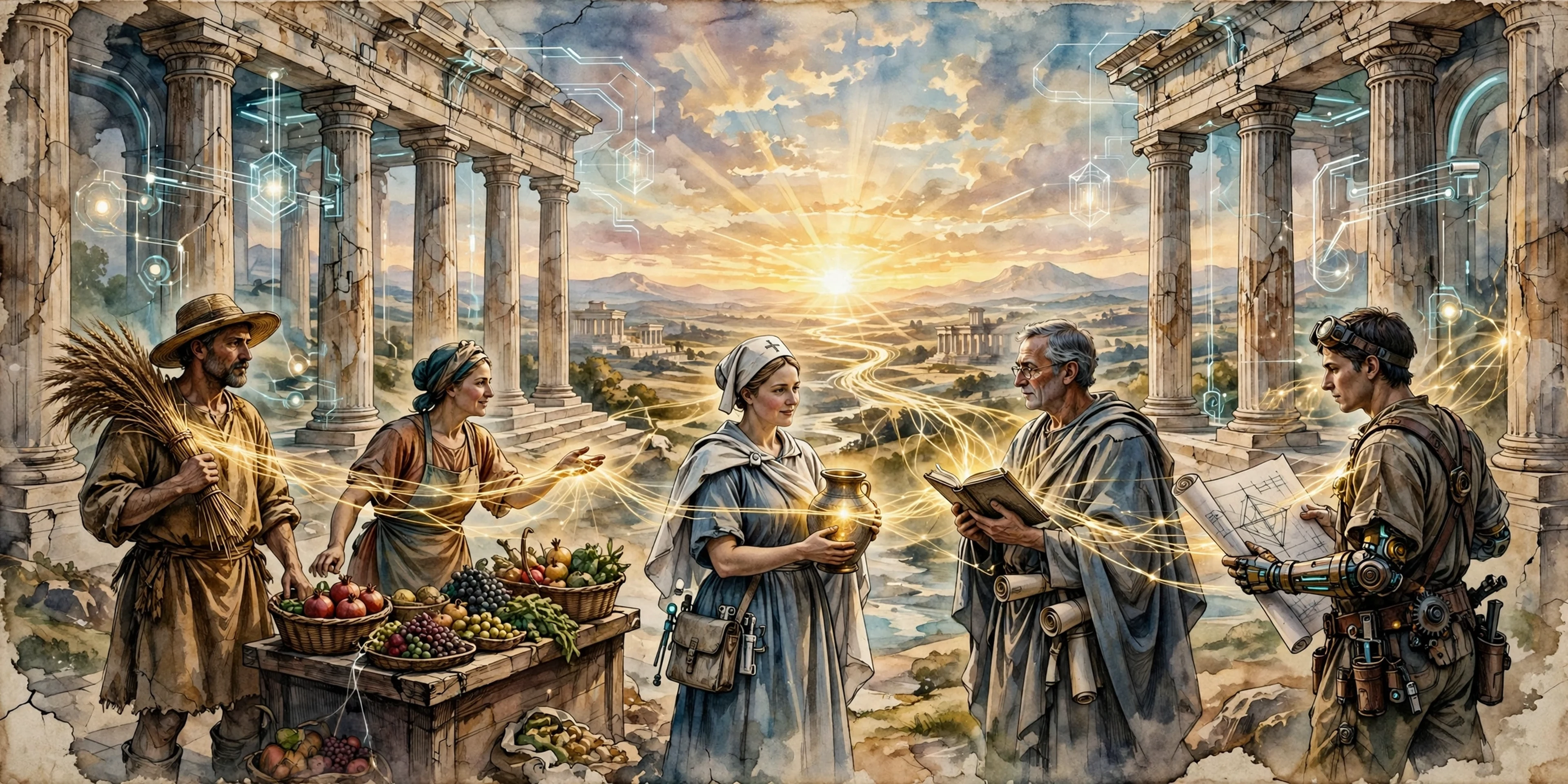 Illustration: automation lifting farmers, nurses, teachers, vendors and engineers toward a shared sunrise